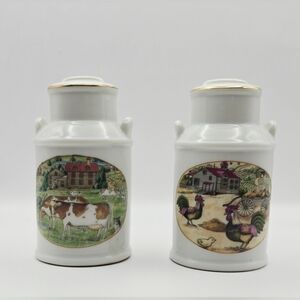 Vintage Japan Milk Can Salt Pepper Shakers Farm Cow Rooster